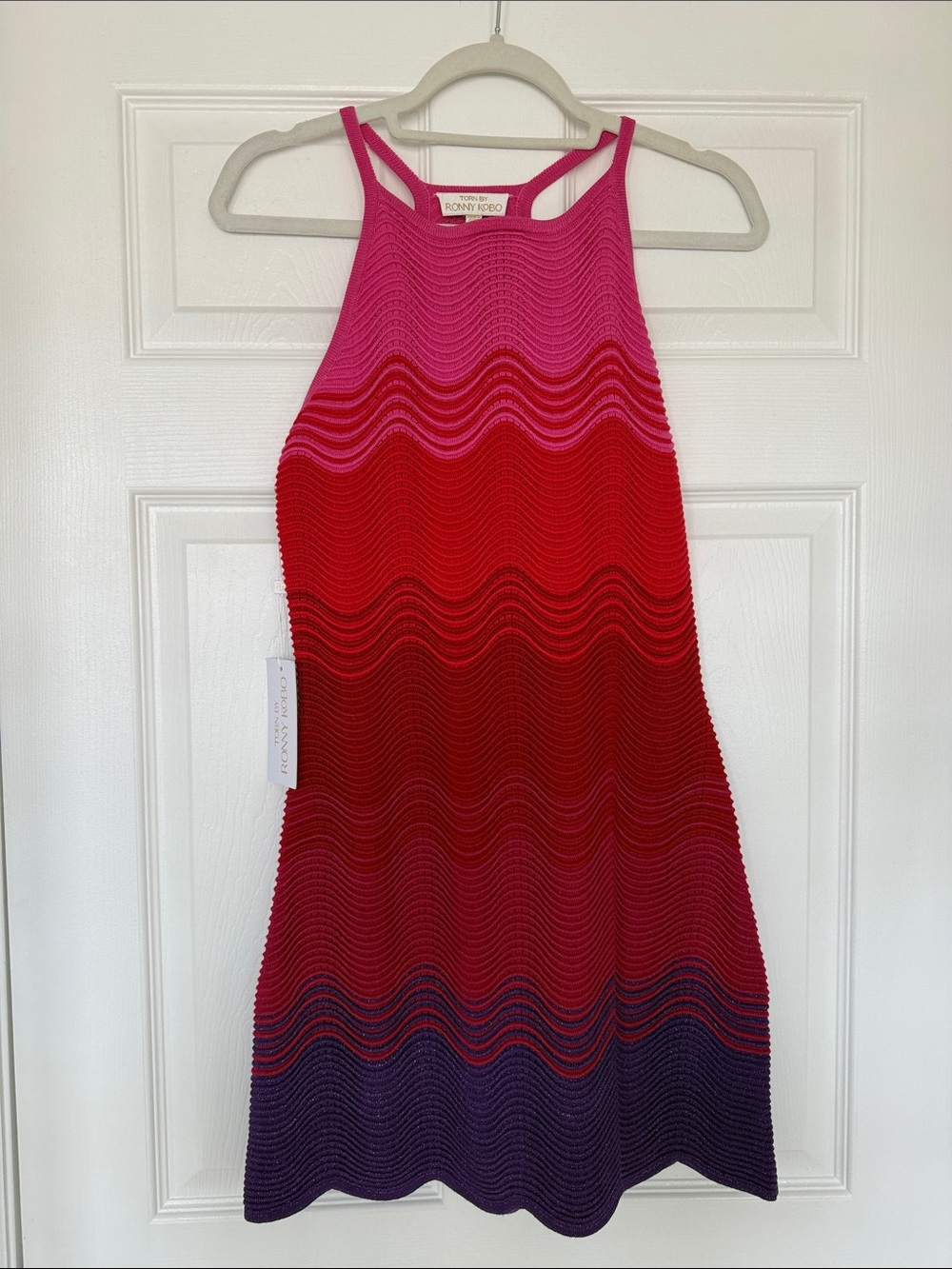 Torn by Ronny Kobo Hope Pink-to-Red Ombre Wave Knit Halter Mini Dress